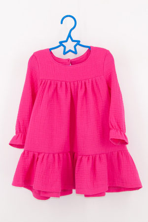 Muselina pentru copii - Rochie cu volan si maneca lunga - Fucsia