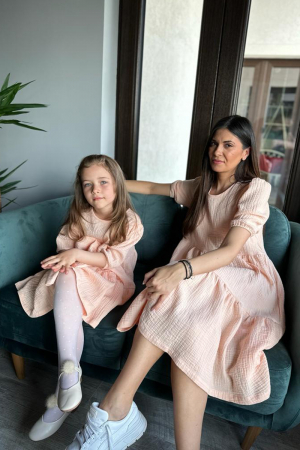 Rochie din Muselina cu mâneci bufante - Roz [3]