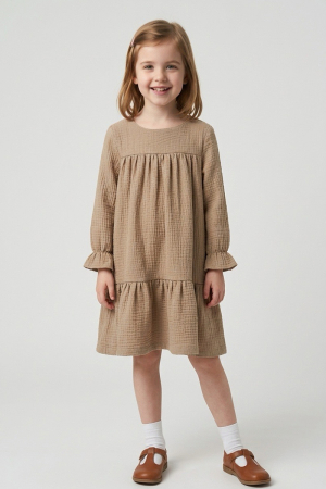 Muselina si IN - Rochie cu volan si maneca lunga - Crem