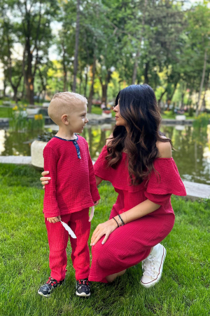 Rochie Volan-Compleu Mamă/Fiu din Muselina - Zmeuriu [0]