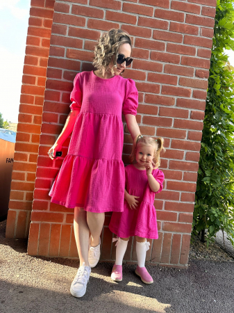 Rochii Mama Fiica din Muselina cu mâneci bufante -  Fucsia [1]