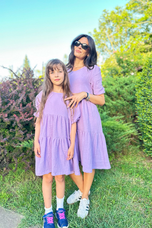 Set mama - copil - Rochii Mama Fiica din Muselina cu mâneci bufante -Liliac