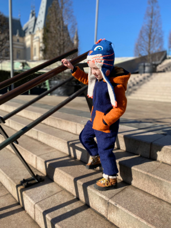 Salopete din Lână - Salopetă din Lână cu Fermoar și Glugă  Blue Orange