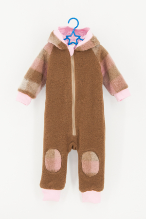 Overall - Salopetă din Lână cu Fermoar și Glugă - Crem/ Carouri Roz