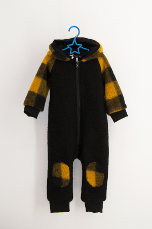 Salopete din Lână - Salopetă din Lână Fiartă cu Fermoar și Glugă - Black & Yellow