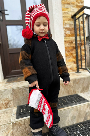 Salopetă din Lână Fiartă cu Fermoar și Glugă - Black & Red [2]