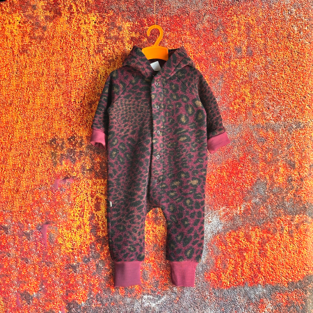 Salopetă din Lână Fiartă Fără Dublură cu Capse și Glugă - Animal print Bordo - H. Bebe [1]