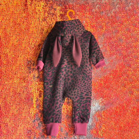 Salopete din Lână - Salopetă din Lână Fiartă Fără Dublură cu Capse și Glugă - Animal print Bordo - H. Bebe