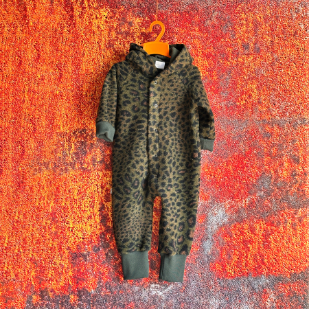 Salopetă din Lână Fiartă Fără Dublură cu Capse și Glugă - Animal print Kaki - H. Bebe [1]