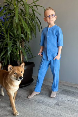 Muselina si IN - Set din muselină băiat — Cămașă cu nasturi + Pantalon | Albastru| H. Bebe