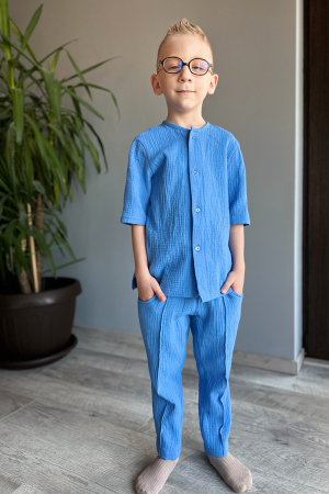Set din muselină băiat — Cămașă cu nasturi + Pantalon | Albastru| H. Bebe [1]