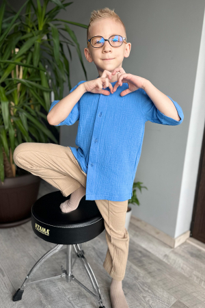 Set din muselină băiat — Cămașă cu nasturi + Pantalon | Albastru| H. Bebe [3]