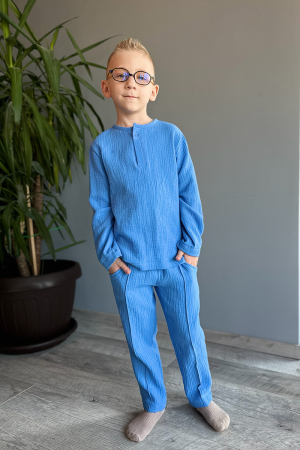 Muselina si IN - Set din muselină băiat — Cămașă tip tunică + Pantalon | Albastru | H. Bebe