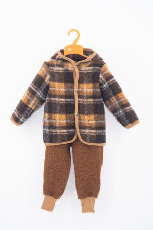 Compleuri din Lână - Set Hanorac cu Nasturi și Pantalon din Lână 100%, Carouri Maro/ Crem