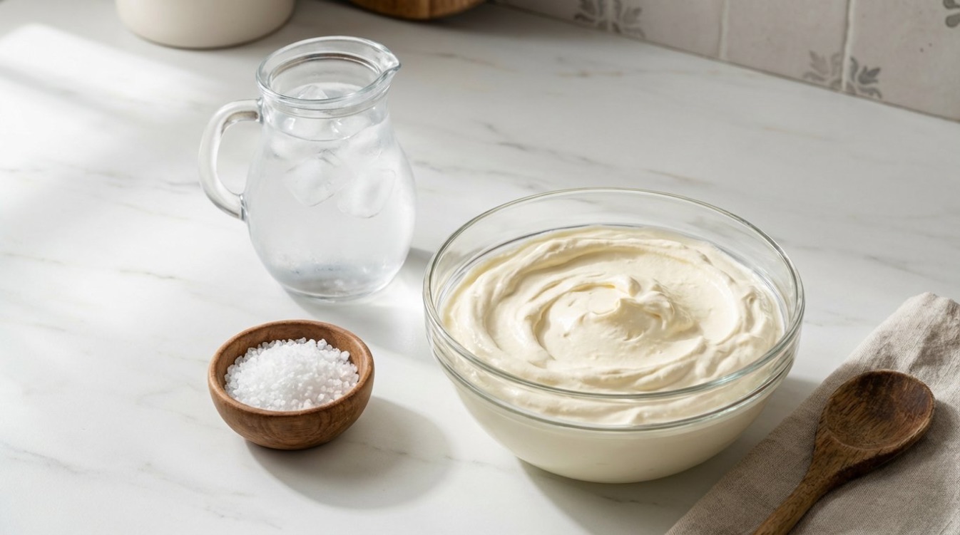 1. Ingredientele necesare (smantana, apa rece, sare grunjoasa)