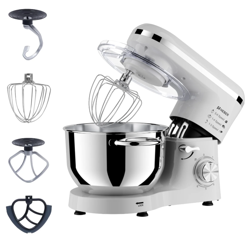 1 Mixer cu bol din inox Heber® HBR-1518A, 1500 W, Bol 6.2 L inox, 6 Viteze, Functie Pulse, Miscare eliptica, Alb