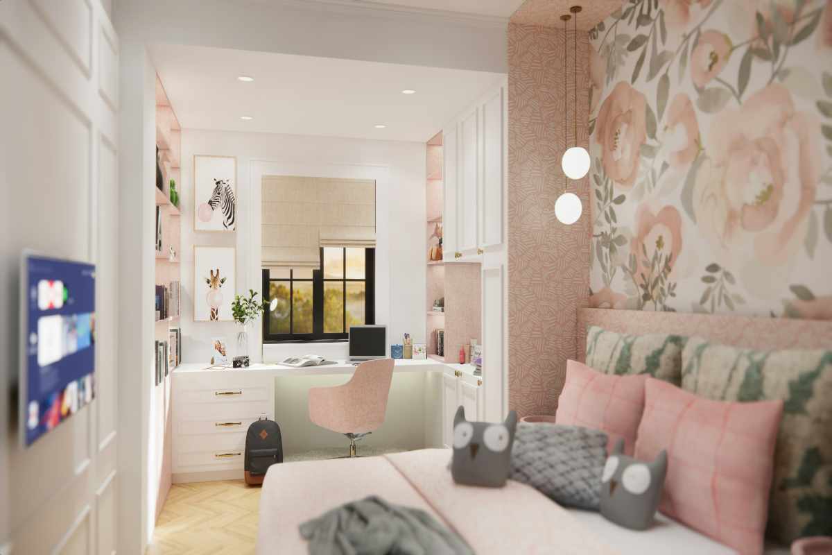 11. Importanta organizarii dormitorului pentru un plus de stil si functionalitate_Dormitor cu mobilier, TV, accesorii si textile, birou, laptop, tapet decorativ de perete