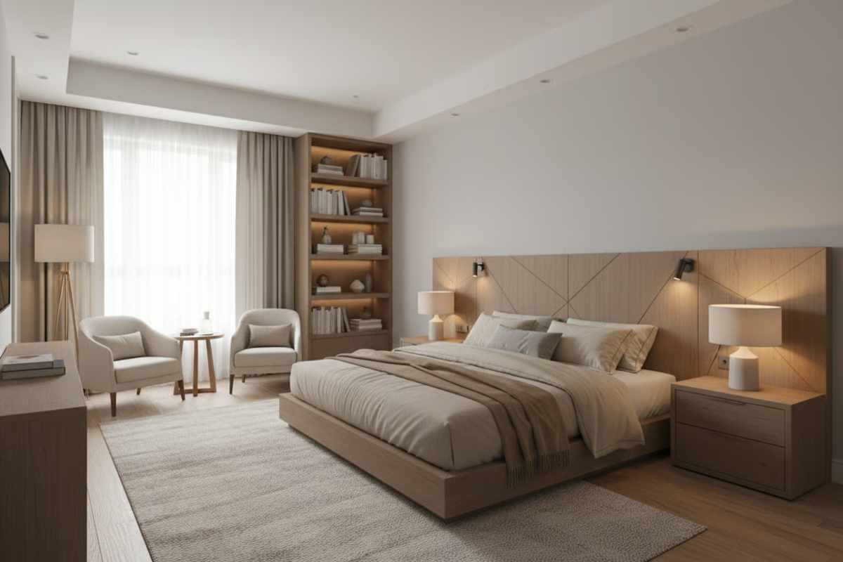 2. Principii fundamentale in amenajarea dormitorului_Dormitor modern care exemplifica principiile fundamentale de design - functionalitate, armonie vizuala si confort