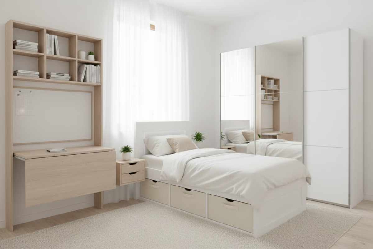 3. Mobila pentru dormitor mic - solutii inteligente pentru spatii reduse_Dormitor mic cu mobilier inteligent - pat cu depozitare, noptiere suspendate si dulap cu usi glisante