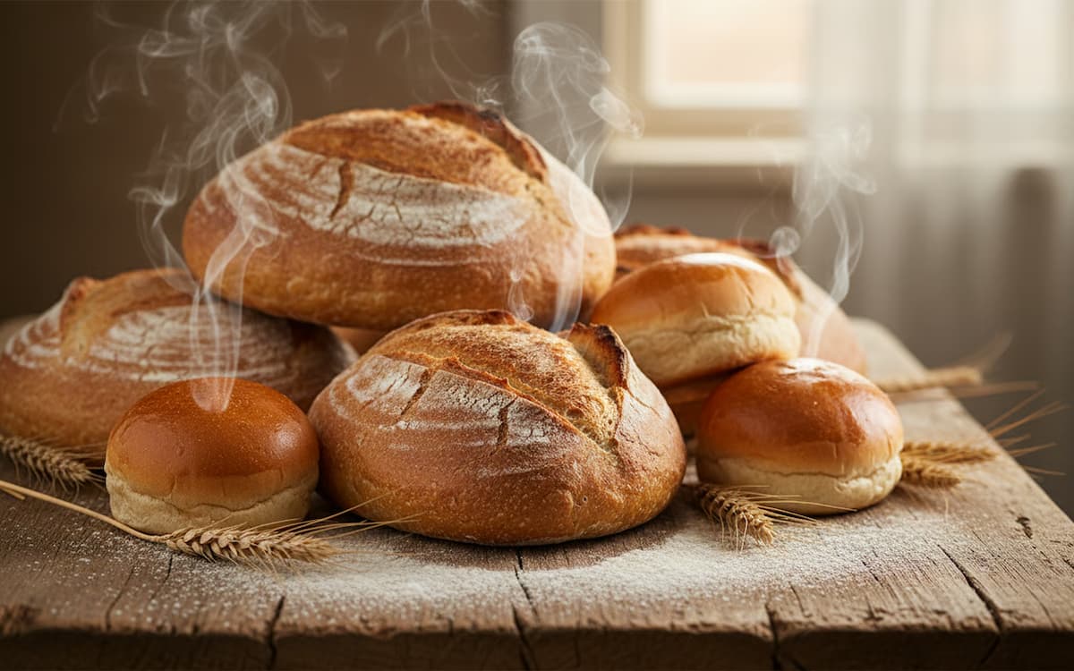 3 Retete mixer cu bol - Varietate de paine si produse de panificatie proaspat coapte