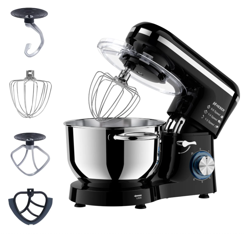 4 Mixer cu bol din inox Heber® HBR-1518N, 1500 W, Bol 6.2 L inox, 6 Viteze, Functie Pulse, Miscare eliptica, Negru