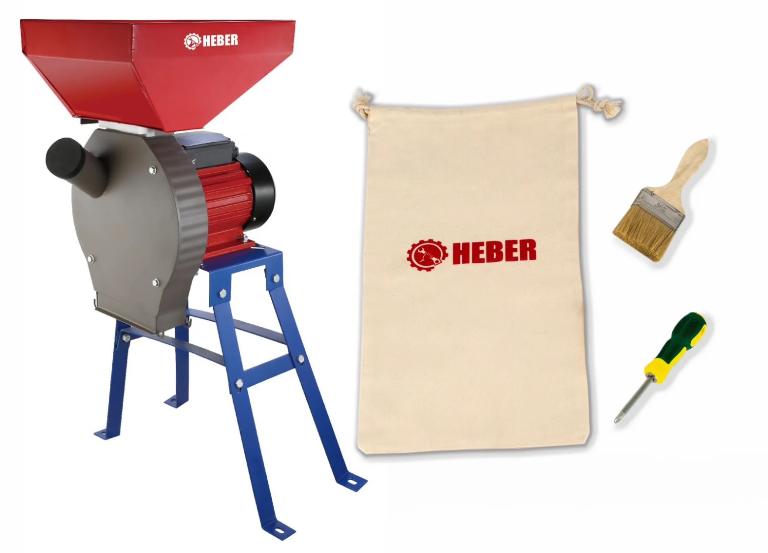 Moara electrica cu suport din metal pentru cereale si stiuleti (2 in 1), HEBER®, Cuva Mare, motor 3,8 kw (100% cupru), 3000 rpm, 300 kg/h, 4 site de rezerva, 20 ciocanele