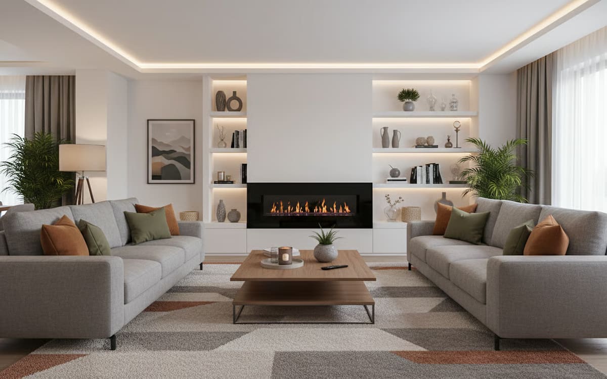 5 amenajare living cu semineu - amenajarea unui living modern cu semineu electric canapele si masuta joasa