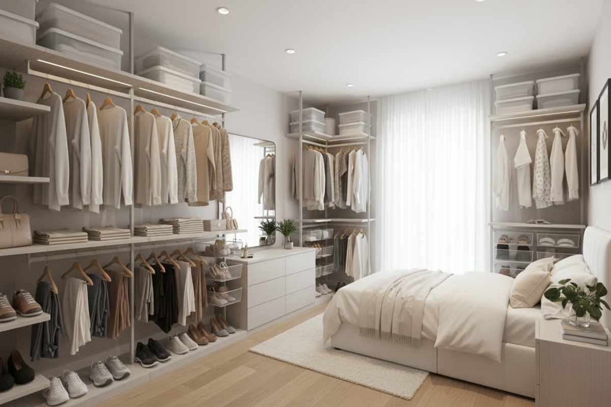 5. Dormitor mic cu baie si dressing in apartament - optimizarea spatiului de depozitare_Dormitor mic cu dressing integrat care utilizeaza sistemul modular pe verticala pentru maximizarea depozitarii