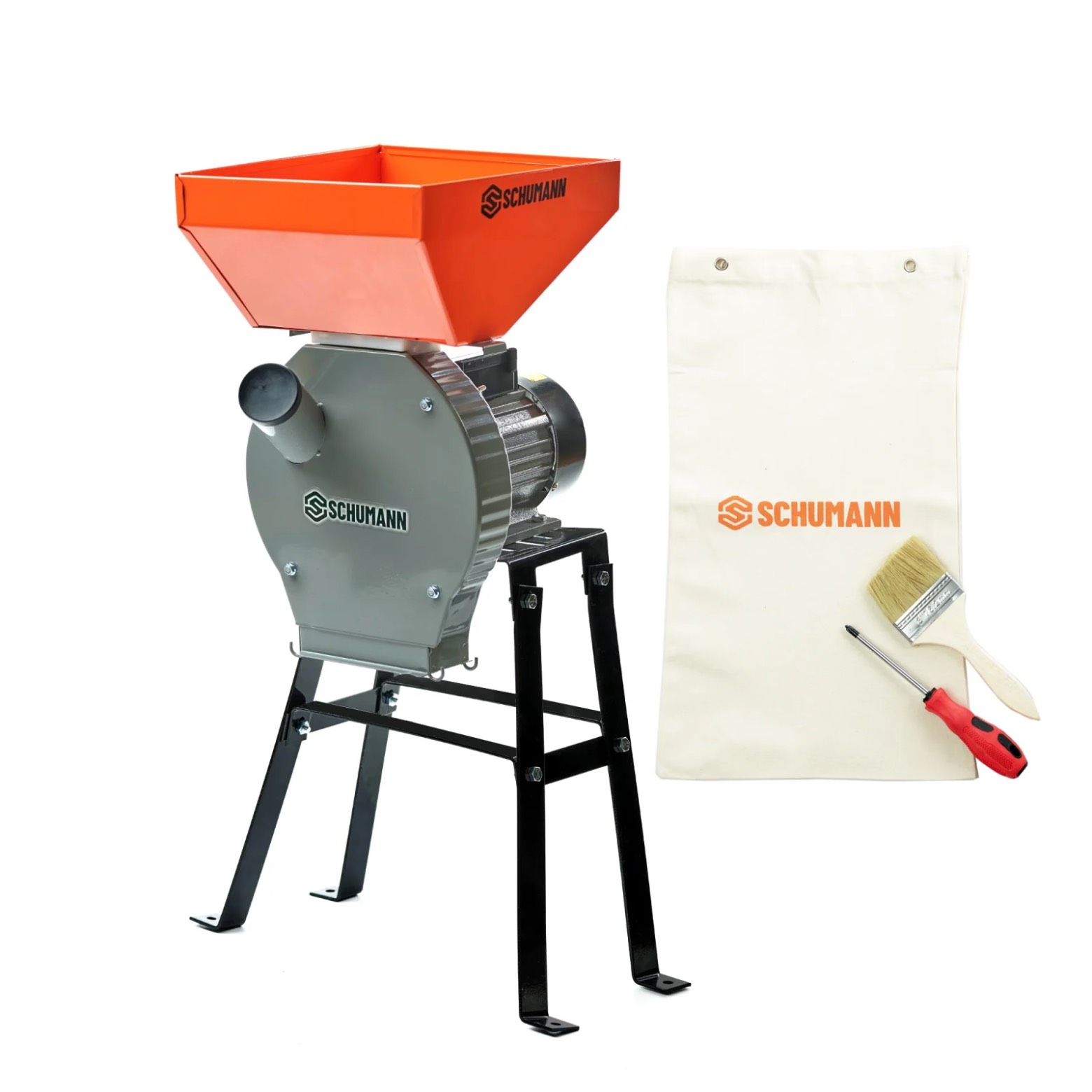 Moara electrica cu suport din metal pentru cereale si stiuleti (2 in 1), SCHUMANN®, Cuva Mare, motor 3,9 kw (100% cupru), 3000 rpm, 300 kg/h, 4 site de rezerva, 20 ciocanele