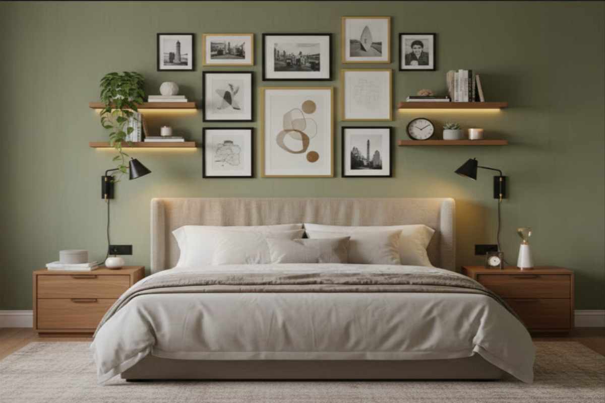 8. Idei de decorare a peretelui din dormitor - accente vizuale si personalitate_Perete dormitor decorat artistic cu galerie personala si rafturi decorative pentru accente vizuale