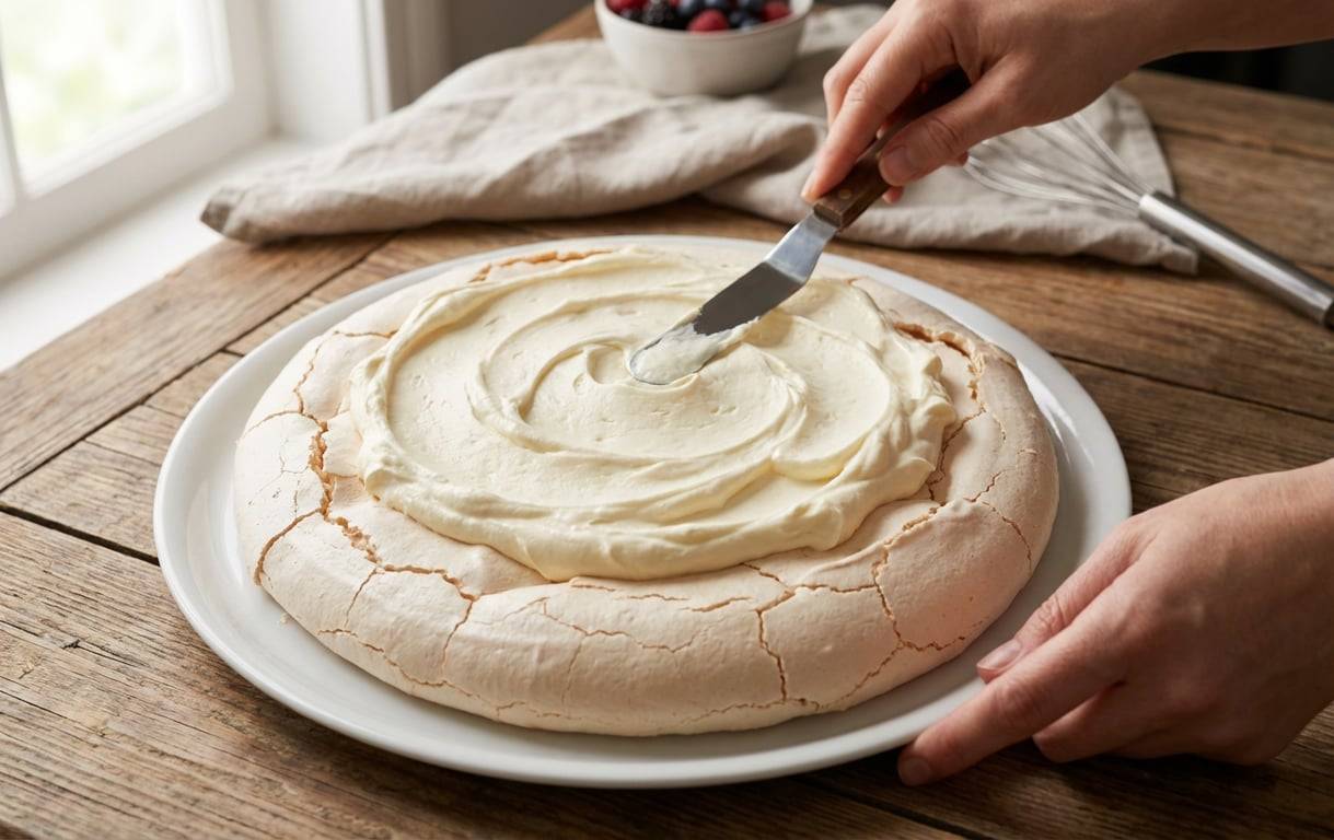 Asamblarea si decorarea tortului pavlova - blat bezea, crema, farfurie