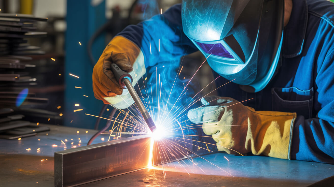 Sudură cu arc electric: electrod topind metal, scântei, echipament de protecție
