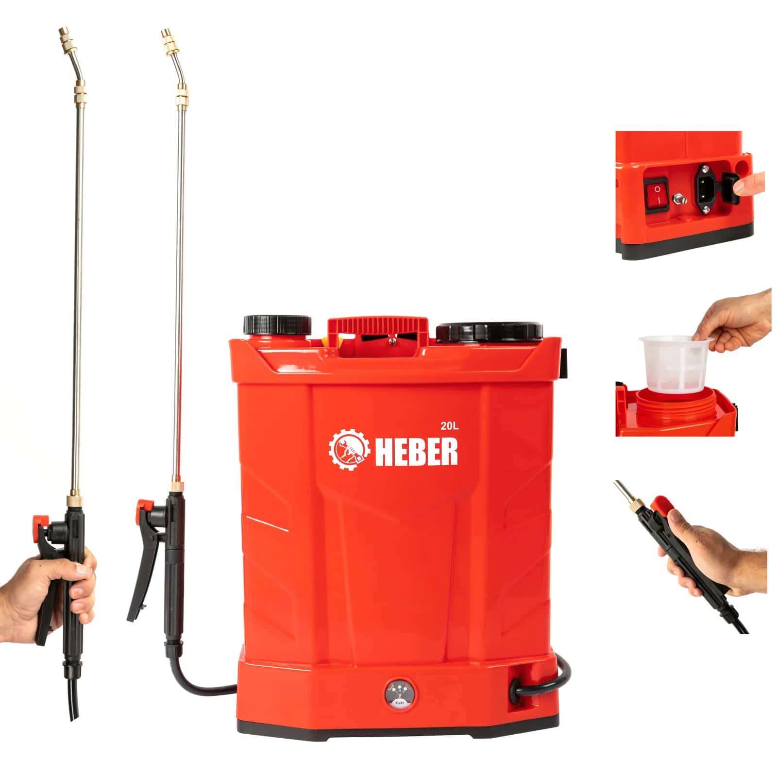 Pompa de stropit electrica, 20 litri, Heber®, regulator de presiune, 6 bari, cu acumulator, 5 duze incluse