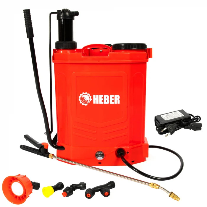 Pompa de stropit electrica + manuala (2in1), HEBER, 16 L, acumulator, 6 BAR, regulator, 5 duze de stropire incluse incluse