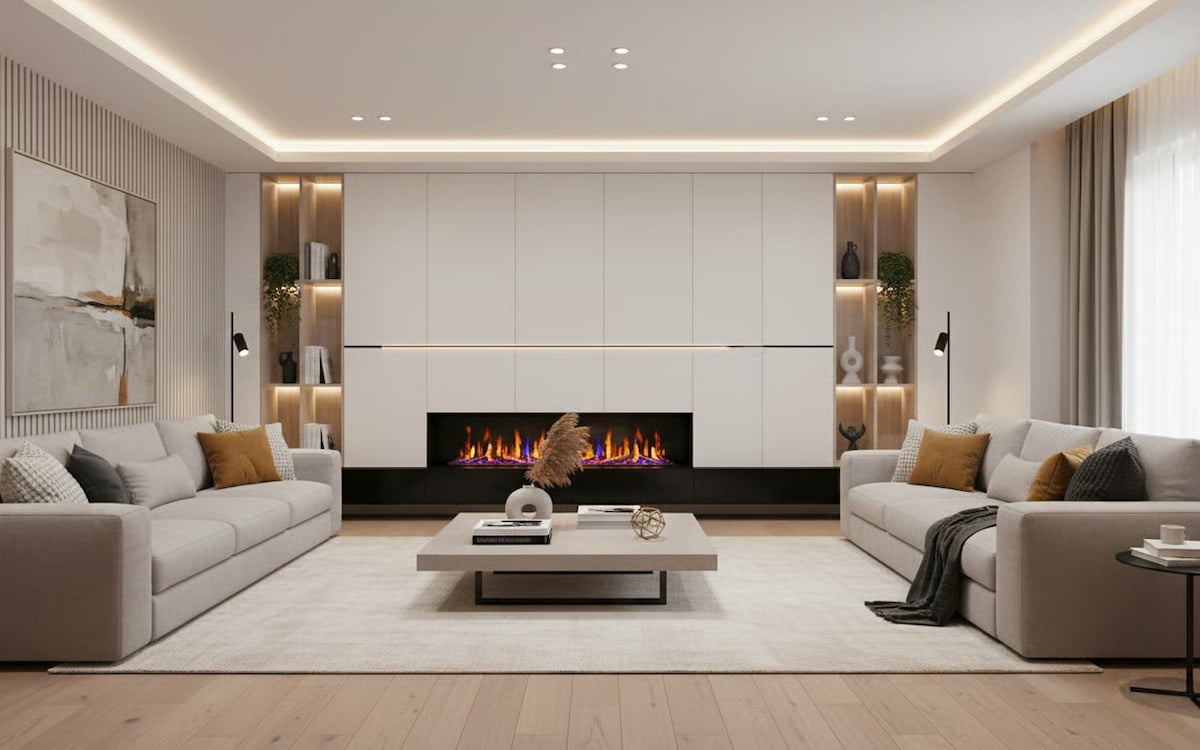 Livingul modern cu semineu electric: ghid de amenajare pentru spatii de zi moderne si functionale