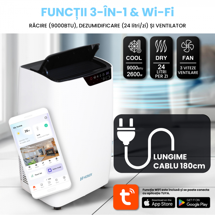Aparat aer conditionat portabil 9000 BTU Heber®, SMART COOL, Wi-Fi, 3 in 1 Racire, Dezumidificare, Incalzire, Smart Life Gama 2025 [3]