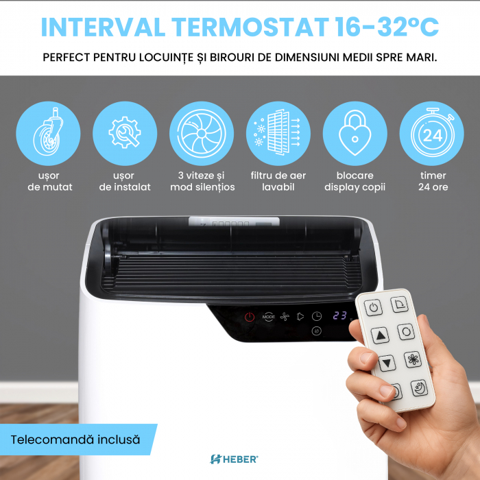 Aparat aer conditionat portabil 9000 BTU Heber®, SMART COOL, Wi-Fi, 3 in 1 Racire, Dezumidificare, Incalzire, Smart Life Gama 2025 [5]