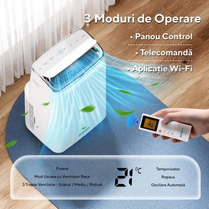 Aparat aer conditionat portabil Heber® 12000 BTU, SMART COOL, Wi-Fi, 3 in 1 Racire, Dezumidificare, Incalzire, Smart Life Gama 2025 [4]
