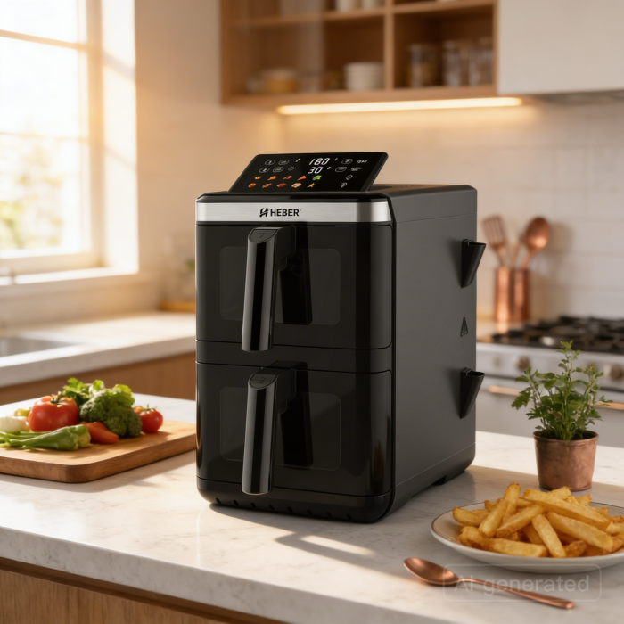 Friteuza cu aer cald dubla Heber® HBR-1105, 3000W, 12L, control digital, 40–200°C, 2 zone independente, negru [6]