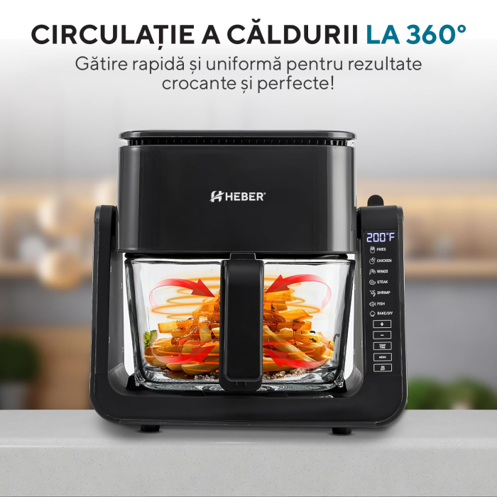 Friteuza cu aer cald Heber®, 1500W, 4 l, recipient gatire din sticla termorezistenta, 40-200°C, 7 programe, panou tactil, HBR-1107, negru [2]