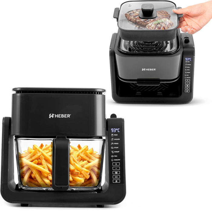 Friteuza cu aer cald Heber®, 1500W, 4 l, recipient gatire din sticla termorezistenta, 40-200°C, 7 programe, panou tactil, HBR-1107, negru [3]