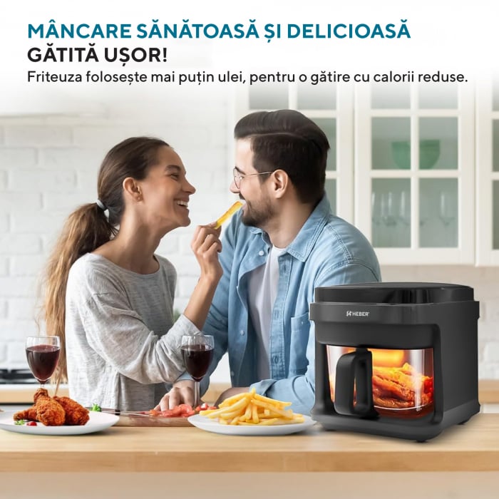 Friteuza cu aer cald Heber®, Milano, gratar din inox, 5.5L, recipient gatire din sticla termorezistenta, 8 programe, 1200W, Air fryer Gama 2025 [2]