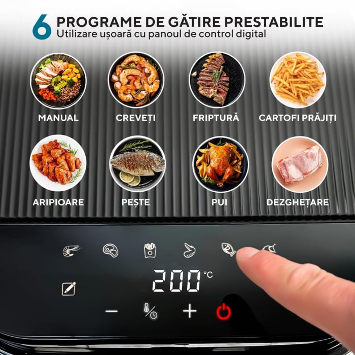 Friteuza cu aer cald Heber®, Milano, gratar din inox, 5.5L, recipient gatire din sticla termorezistenta, 8 programe, 1200W, Air fryer Gama 2025 [6]