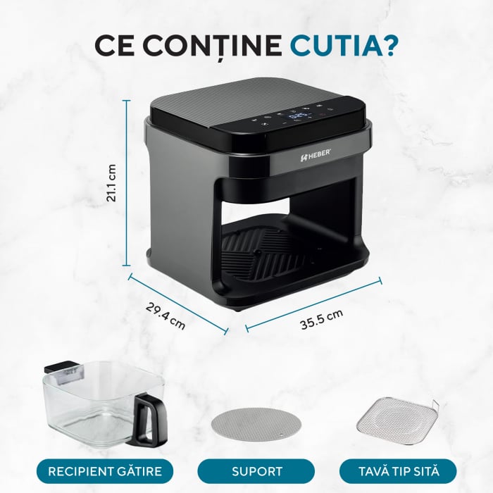 Friteuza cu aer cald Heber®, Milano, gratar din inox, 5.5L, recipient gatire din sticla termorezistenta, 8 programe, 1200W, Air fryer Gama 2025 [7]