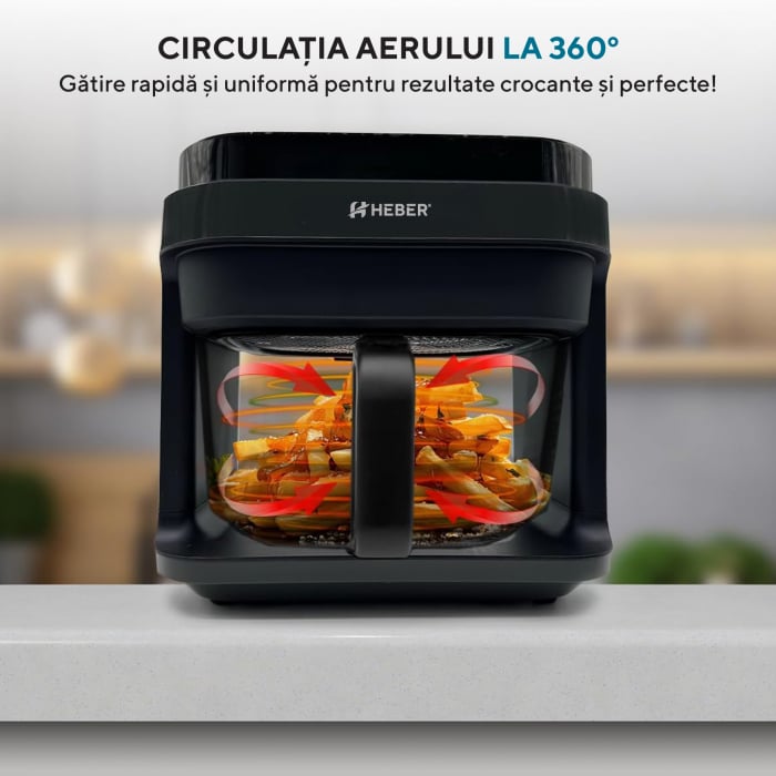 Friteuza cu aer cald Heber®, Milano, gratar din inox, 5.5L, recipient gatire din sticla termorezistenta, 8 programe, 1200W, Air fryer Gama 2025 [4]