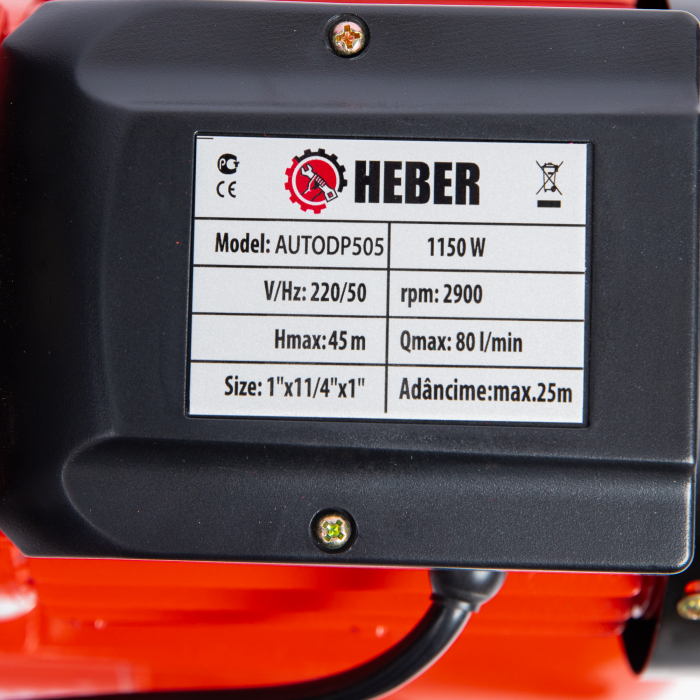 Hidrofor cu ejector, AUTODP505, Heber®, 1500 W, 60L/min, H60m, rezervor 24 litri, adancime absorbtie 40 m [15]