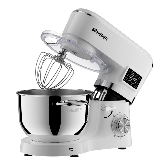 Mixer cu bol din inox Heber® HBR-1503A, 2000 W, Afisaj Digital, Timer, Bol 6.2 L inox, 6 Viteze, Functie Pulse, Miscare eliptica, Alb [3]