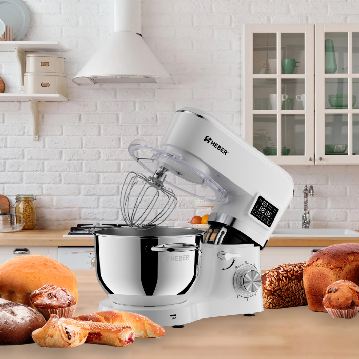 Mixer cu bol din inox Heber® HBR-1503A, 2000 W, Afisaj Digital, Timer, Bol 6.2 L inox, 6 Viteze, Functie Pulse, Miscare eliptica, Alb [1]