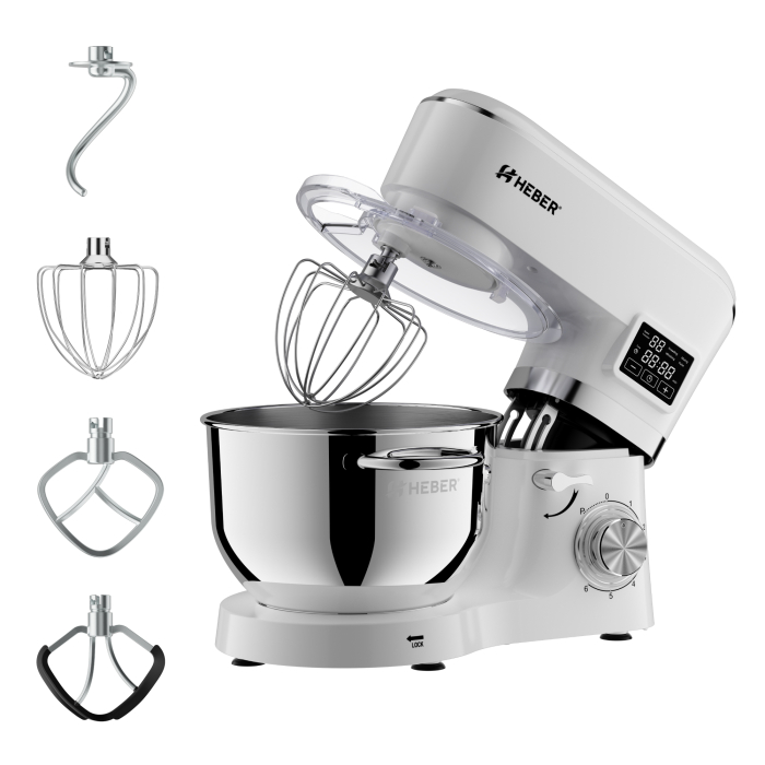 Mixer cu bol din inox Heber® HBR-1503A, 2000 W, Afisaj Digital, Timer, Bol 6.2 L inox, 6 Viteze, Functie Pulse, Miscare eliptica, Alb [2]