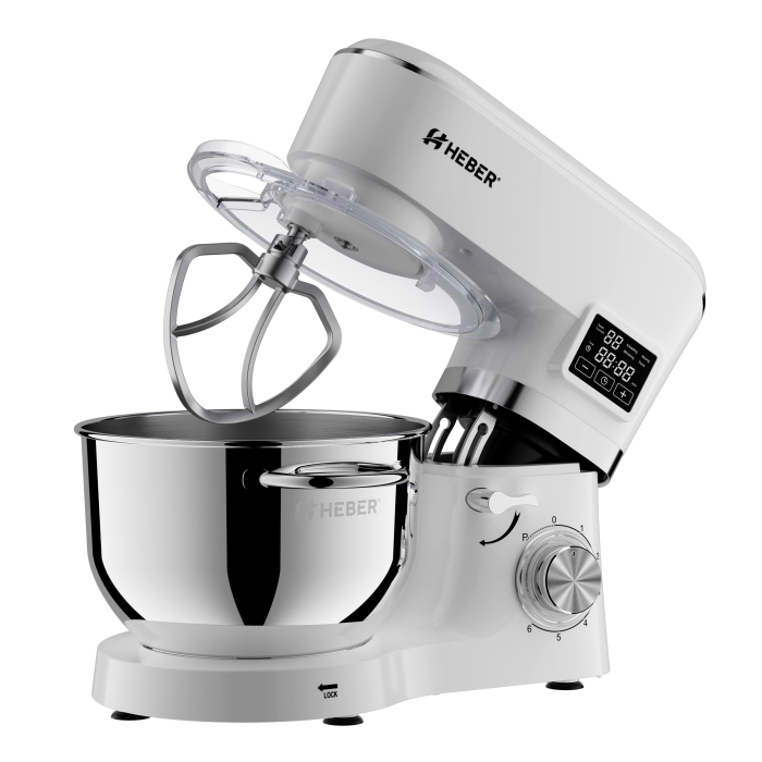 Mixer cu bol din inox Heber® HBR-1503A, 2000 W, Afisaj Digital, Timer, Bol 6.2 L inox, 6 Viteze, Functie Pulse, Miscare eliptica, Alb [4]